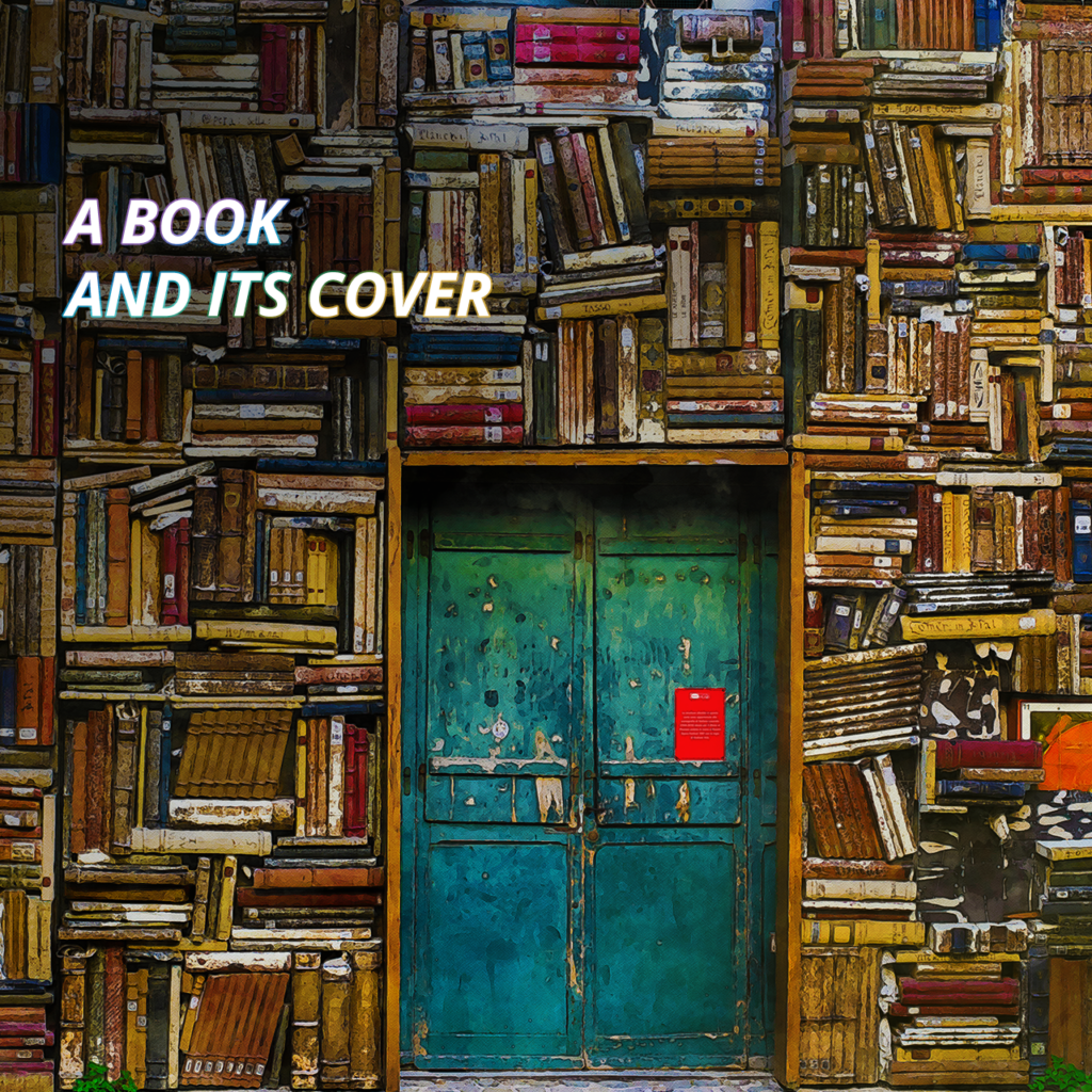 Green wooden door framed by towering stacked books, text A Book and Its Cover