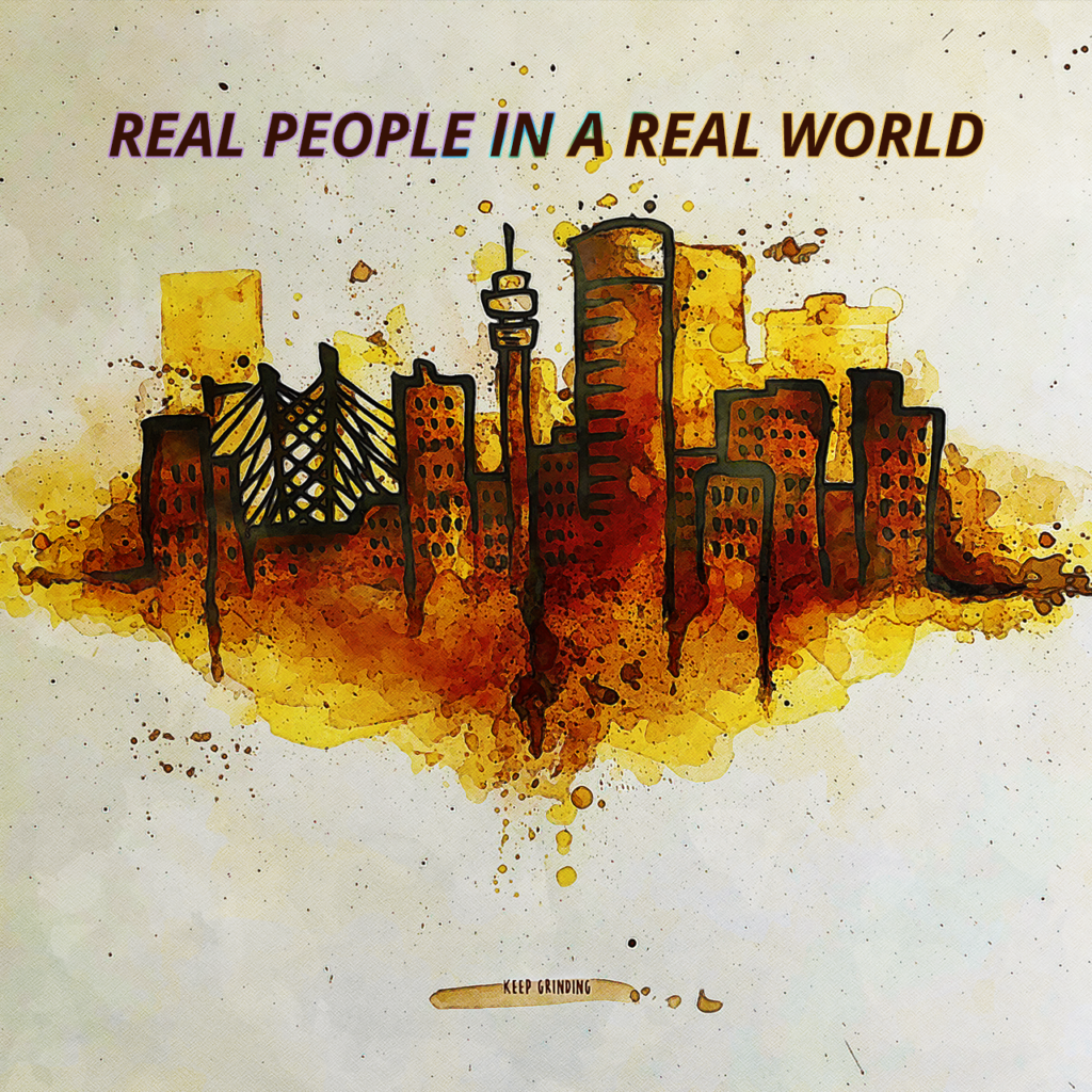 Watercolour cityscape illustration with text Real People in a Real World