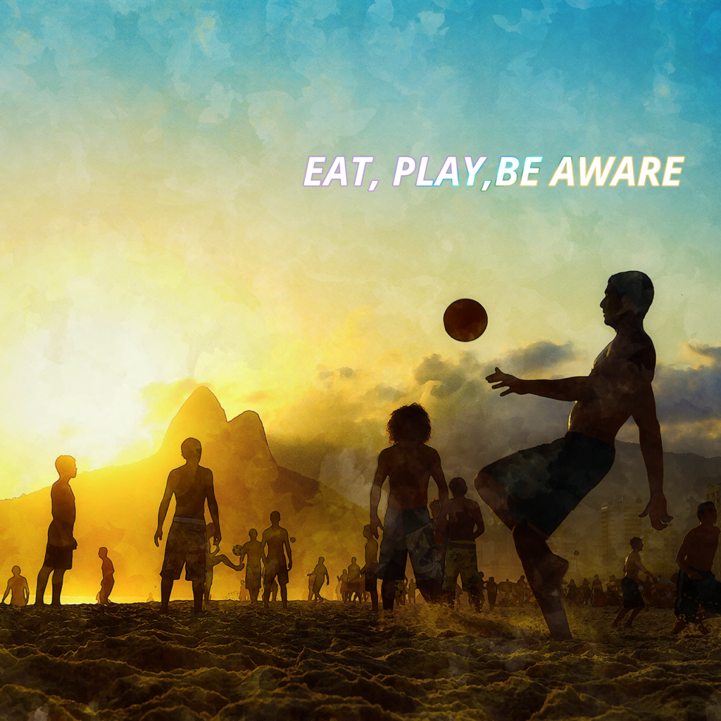 Silhouettes playing beach volleyball at sunset, text Eat Play Be Aware