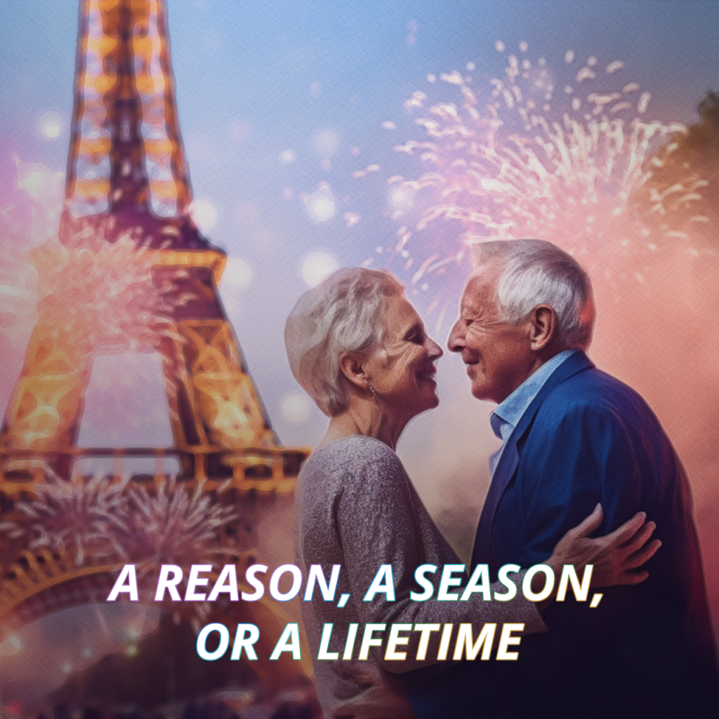 5th Place TWTW 126 header of couple embracing by Eiffel Tower, a reason a season a lifetime