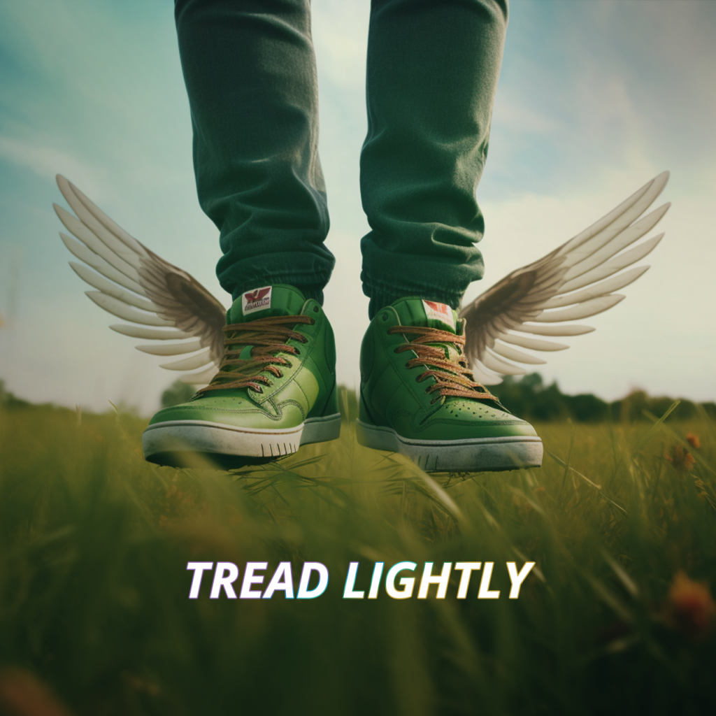 5th Place TWTW 127 header of winged green sneakers above grass, tread lightly message