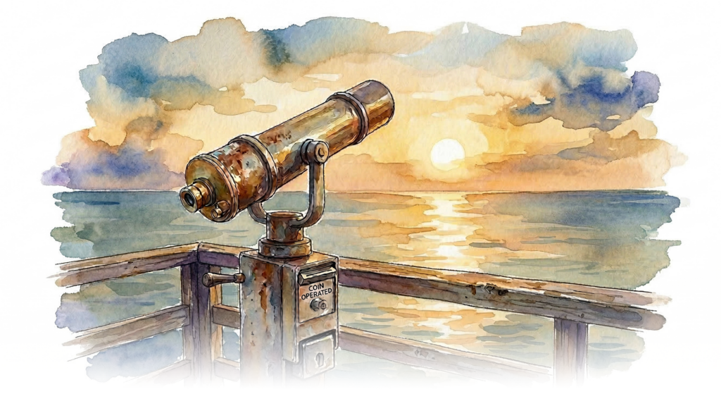 Coin-operated telescope pointing towards a sunset over the ocean — watercolour illustration
